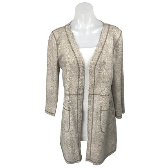 Solitaire Cream Faux Suede Snakeskin 3/4 Sleeve Open Front Cardigan Jacket Sz M - Picture 1 of 5